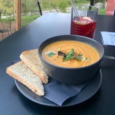 Fresh daily vegan soup at Tavči Kuhna Lesce
